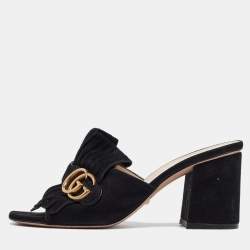 Gucci Black Suede GG Marmont Fringe Mules Size 37.5