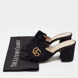 Gucci Black Suede GG Marmont Fringe Mules Size 37.5