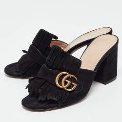 Gucci Black Suede GG Marmont Fringe Mules Size 37.5
