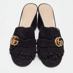 Gucci Black Suede GG Marmont Fringe Mules Size 37.5