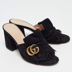 Gucci Black Suede GG Marmont Fringe Mules Size 37.5