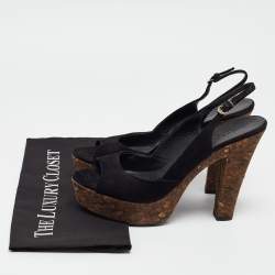 Pre Owned Gucci Black Suede Grease Cork Platform Peep Toe Slingback Sandals Size 39.5