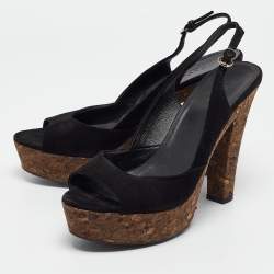 Pre Owned Gucci Black Suede Grease Cork Platform Peep Toe Slingback Sandals Size 39.5