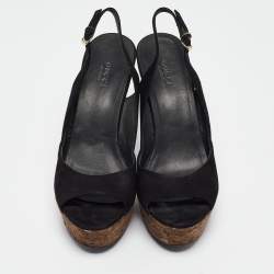 Pre Owned Gucci Black Suede Grease Cork Platform Peep Toe Slingback Sandals Size 39.5
