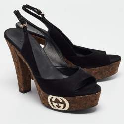 Pre Owned Gucci Black Suede Grease Cork Platform Peep Toe Slingback Sandals Size 39.5