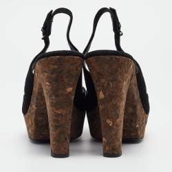 Pre Owned Gucci Black Suede Grease Cork Platform Peep Toe Slingback Sandals Size 39.5