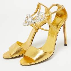 مملوكة مسبقًا Gucci Gold Leather Interlocking G Crystal Embellished  Ankle Sandals Size 39.5