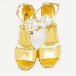 مملوكة مسبقًا Gucci Gold Leather Interlocking G Crystal Embellished  Ankle Sandals Size 39.5