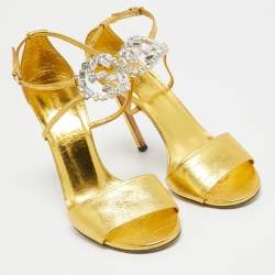 مملوكة مسبقًا Gucci Gold Leather Interlocking G Crystal Embellished  Ankle Sandals Size 39.5