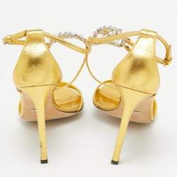 مملوكة مسبقًا Gucci Gold Leather Interlocking G Crystal Embellished  Ankle Sandals Size 39.5