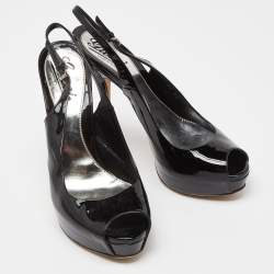 Gucci Black Patent Leather Peep Toe Slingback Sandals Size 38