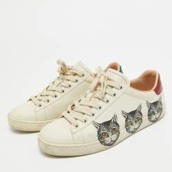 Pre Owned Gucci Off White Leather Mystic Cat Ace Sneakers Size 37