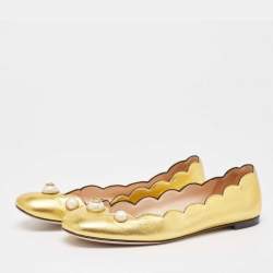 Gucci Gold Scalloped Leather Interlocking G Faux Pearl Ballet Flats Size 36