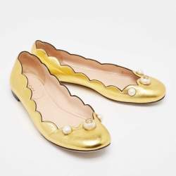 Gucci Gold Scalloped Leather Interlocking G Faux Pearl Ballet Flats Size 36