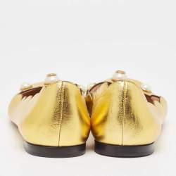 Gucci Gold Scalloped Leather Interlocking G Faux Pearl Ballet Flats Size 36