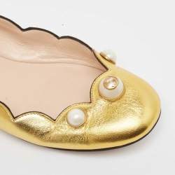 Gucci Gold Scalloped Leather Interlocking G Faux Pearl Ballet Flats Size 36