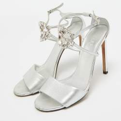 Gucci Silver Leather Crystal Embellished GG Logo Ankle Strap Sandals Size 37.5