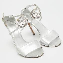 Gucci Silver Leather Crystal Embellished GG Logo Ankle Strap Sandals Size 37.5