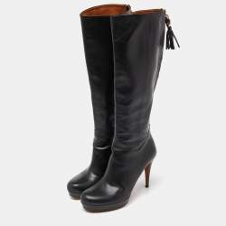 Gucci Black Leather Bamboo Tassel Knee Length Platform Boots Size 40