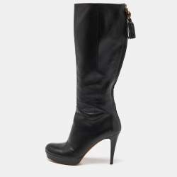 Gucci Black Leather Bamboo Tassel Knee Length Platform Boots Size 40
