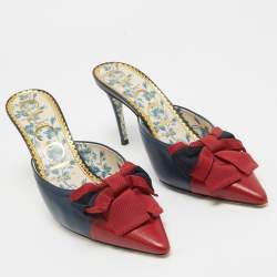 Gucci  Navy Blue/Red Leather Pointed Toe Mules Size 38.5   