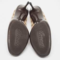 مملوكة مسبقًا Gucci Beige/Brown GG Crystal Canvas Web Bow Pumps Size 40