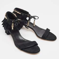 Gucci Black Suede Fringe Ankle Strap Sandals Size 39