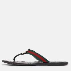 Pre Owned Gucci Tricolor Leather and Canvas Web Interlocking G Thong Flats Size 38