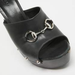 Gucci Black Leather Horsebit Open Toe Clogs Size 39.5