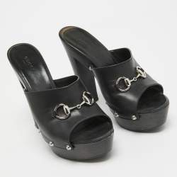 Gucci Black Leather Horsebit Open Toe Clogs Size 39.5