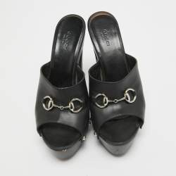 Gucci Black Leather Horsebit Open Toe Clogs Size 39.5