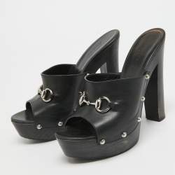 Gucci Black Leather Horsebit Open Toe Clogs Size 39.5