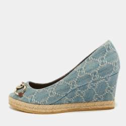 Gucci Blue GG Denim Horsebit Peep Toe Wedge Pumps Size 36.5