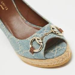 Gucci Blue GG Denim Horsebit Peep Toe Wedge Pumps Size 36.5