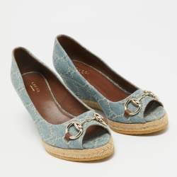 Gucci Blue GG Denim Horsebit Peep Toe Wedge Pumps Size 36.5