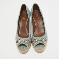 Gucci Blue GG Denim Horsebit Peep Toe Wedge Pumps Size 36.5