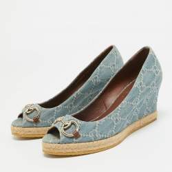 Gucci Blue GG Denim Horsebit Peep Toe Wedge Pumps Size 36.5