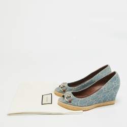 Gucci Blue GG Denim Horsebit Peep Toe Wedge Pumps Size 36.5