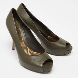 Pre Owned Gucci Olive Green Leather Peep Toe Platform Pumps Size 40.5