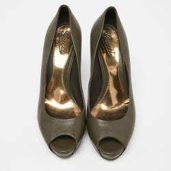 Pre Owned Gucci Olive Green Leather Peep Toe Platform Pumps Size 40.5