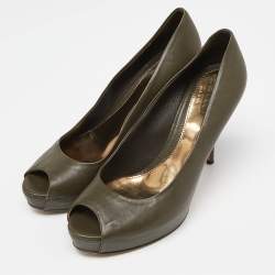 Pre Owned Gucci Olive Green Leather Peep Toe Platform Pumps Size 40.5