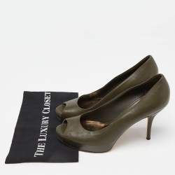 Pre Owned Gucci Olive Green Leather Peep Toe Platform Pumps Size 40.5