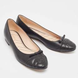 Pre Owned Gucci Black Leather GG Cap Toe Bow Ballet Flats Size 40