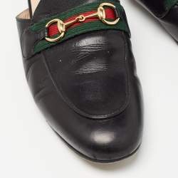 Pre Owned Gucci Black Leather Web Princetown Flat Mules Size 37.5