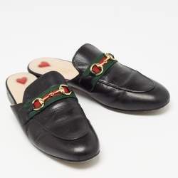 Pre Owned Gucci Black Leather Web Princetown Flat Mules Size 37.5