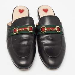 Pre Owned Gucci Black Leather Web Princetown Flat Mules Size 37.5