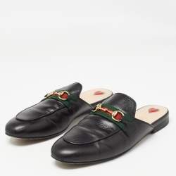Pre Owned Gucci Black Leather Web Princetown Flat Mules Size 37.5