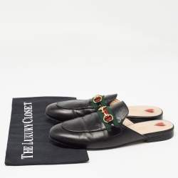 Pre Owned Gucci Black Leather Web Princetown Flat Mules Size 37.5