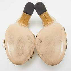 Pre Owned Gucci Gold Textured Leather GG Marmont Fringed Slide Sandals Size 34.5