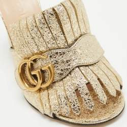 Pre Owned Gucci Gold Textured Leather GG Marmont Fringed Slide Sandals Size 34.5
